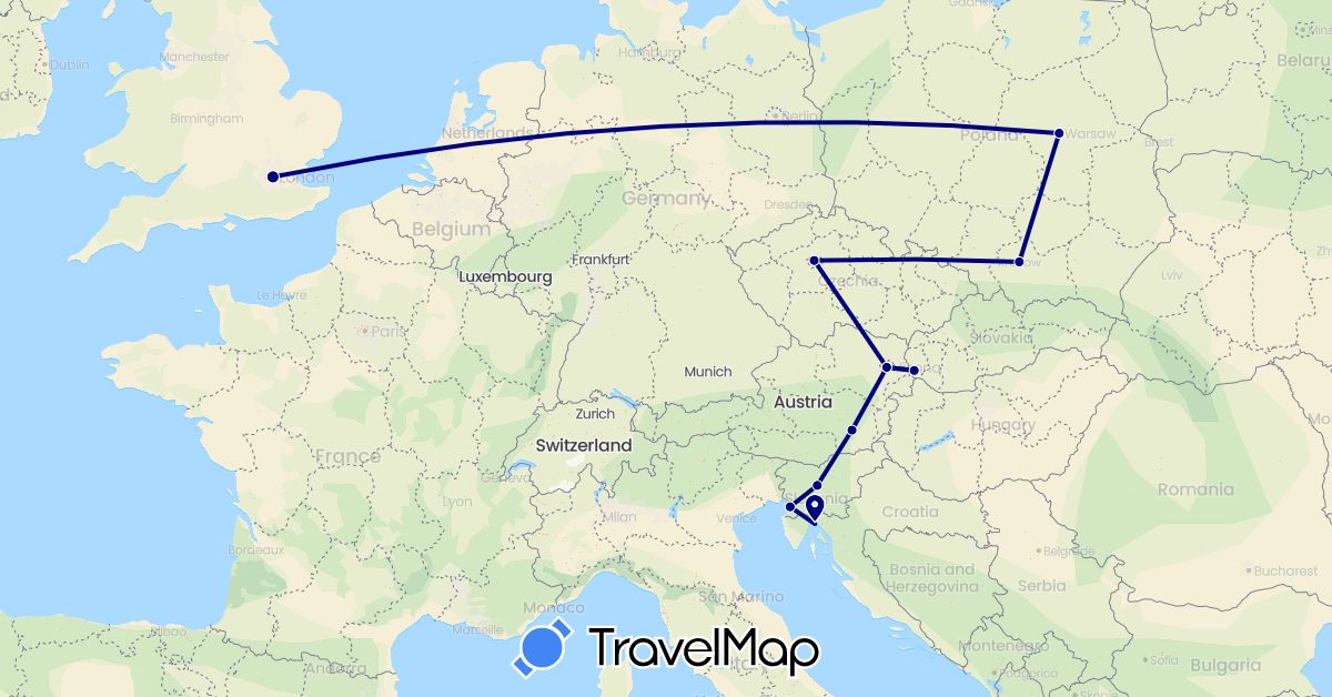 TravelMap itinerary: driving in Austria, Czech Republic, United Kingdom, Croatia, Italy, Poland, Slovenia, Slovakia (Europe)
